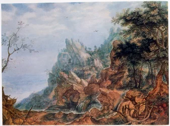 Sint Hiëronymus in een rotsachtig landschap