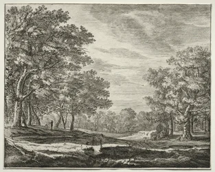 Zes uitzichten in het bos van Den Haag: Een man met een staf in zijn hand