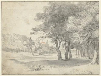 Gezicht in het Haagse Bos, met de Grote Kerk, Den Haag, in de verte