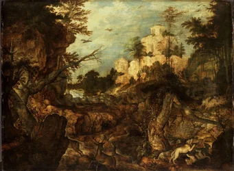 Wilde zwijnenjacht in een rotsachtig landschap