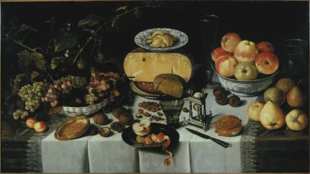 Stilleven met kaas en fruit, 1625