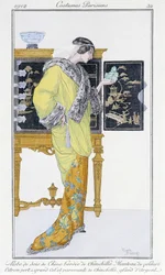 Chinese zijden jurk, gevoerd met chinchilla, fluwelen jas - in "Journal des dames et de la mode: Parijse kostuums", nr. 32