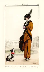 Vrouw in ochtendoutfit van wolfluweel afgezet met stinkdierbont met hond Tailleur du matin en velours de laine orne de skungs. Handgekleurde pochoir (sjabloon)ets naar een illustratie van Roger Broders uit Tommaso Antongini