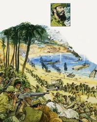 Een tragische blunder, de invasie in de Varkensbaai (gouache op papier)