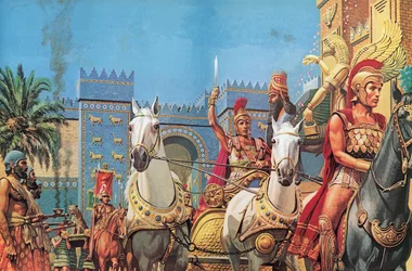 Alexander de Grote, gedragen in zijn strijdwagen, rijdt in triomf Babylon binnen (kleurenlitho)