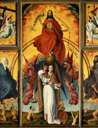 Altaar van het Laatste Oordeel: Christus-oordeel, aartsengel Michaël die de zielen weegt, engelen die trompetten blazen en de lijdenswerktuigen dragen; de heilige Maria en de heilige Johannes de Doper (ood)