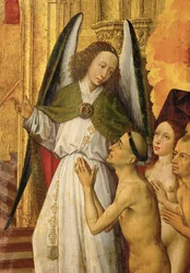 Altaar van het Laatste Oordeel: detail: Een engel leidt de rechtvaardigen naar het paradijs, een gouden kathedraal