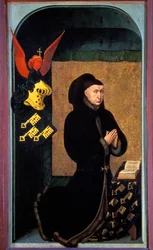 Portret van Nicolas Rolin (1376-1461), kanselier van Bourgondië onder Philippe le Bon en stichter van de Hospices de Beaune in 1443. Schilderij van Rogier (Roger) van der Weyden (1400-1464), 15e eeuw, Beaune, Musée de l