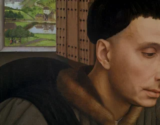 St. Ivo, detail van het raam en het hoofd van St. Ivo, ca.1450