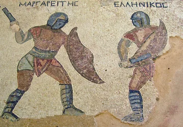 Een gevecht tussen twee gladiatoren, Huis van de Gladiatoren, Kourion, Cyprus