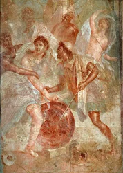 Achilles, vermomd als vrouw, wordt herkend door Odysseus tussen de dochters van Lycomedes op Scyros Fresco van Pompeii. 1e eeuw n.Chr. Dim. 145,5x137,5 cm Napels, nationaal archeologisch museum