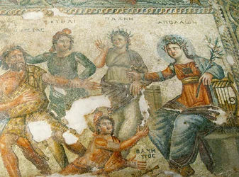 Apollo en Marsyas, Huis van Aion, Paphos, Cyprus (mozaïek)
