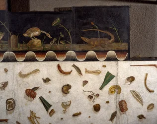 “Asarotos” (Ongeveegde vloer) Fragmenten van mozaïek gesigneerd door Harakliton uit Rome, 2e eeuw na Christus, Rome