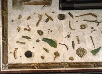 “Asarotos” (Ongeveegde vloer) Fragmenten van mozaïek gesigneerd door Harakliton uit Rome, 2e eeuw na Christus, Rome