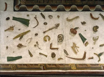 “Asarotos” (Ongeveegde vloer) Fragmenten van mozaïek, gesigneerd door Harakliton uit Rome, 2e eeuw na Christus