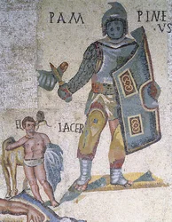 Strijd tussen Gladiatoren, detail van een gladiator met een dolk en een schild, 320 AD