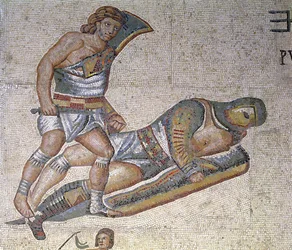 Strijd tussen Gladiatoren, detail van een gladiator die een ander tegen de grond drukt, 320 AD