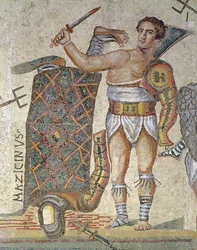 Strijd tussen Gladiatoren, detail van een zegevierende gladiator, 320 AD
