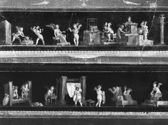 Cherubijnen die geld maken en stof verven, fries uit de Oecus van het Huis van de Vettii, ca. 50-79 AD