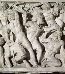 Detail van een sarcofaag met een gevecht tussen Romeinen en Galaten