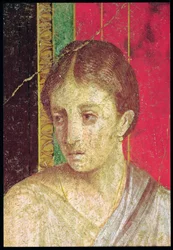 Detail van het hoofd van de zittende moeder, uit de Catechismescène, Noordmuur, Oecus 5, 60-50 v.Chr. (fresco)