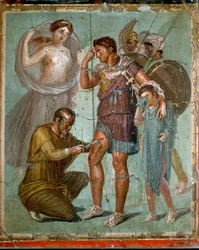 De gewonde Aeneas met zijn zoon Iulus wordt behandeld door de Griekse arts Iapyx, zoon van Iaso. Romeinse fresco uit de 1e eeuw na Chr. uit Pompeï. Napels, Nationaal Archeologisch Museum