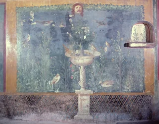 Fontein, masker en vogels, Huis van Venus in schelp, Pompeii, Italië (fresco)