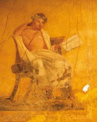 Fresco op gele achtergrond met Griekse dichter Menander, uit het Huis van Menander, Pompeii, Campania, Romeinse Beschaving