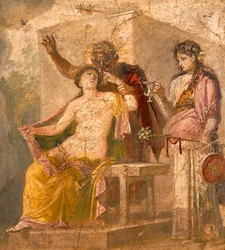 Fresco met een erotisch onderwerp dat een Dionysische scène uit Pompeii afbeeldt