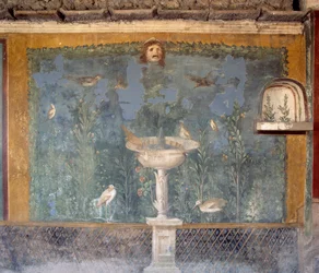 Fresco met fontein, masker en vogels, Huis van Venus in Schelp, Pompeii (Unesco Werelderfgoedlijst)