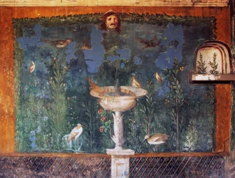 Fresco met fontein, masker en vogels, Huis van Venus in schelp, Pompeii, Campania, Italië, Romeinse beschaving