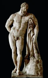 Farnese Hercules, kolossaal marmeren beeldhouwwerk van Glycon uit de Thermen van Caracalla in Rome, naar een Grieks origineel van Lysippos van Sikyon, afmetingen 3,17 m, 3e eeuw na Chr. - Archeologisch Museum van Napels - De Farnese Hercules - Marmeren