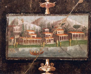 Landschap en architectuur in muurschildering in tablinum, Huis van Marco Lucrezio Fronto, Pompeii