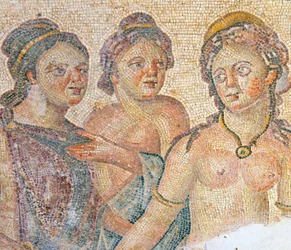 Leda en haar Dienstmeisjes, detail van Leda en Zeus mozaïek, Huis van Aion, Paphos, Cyprus