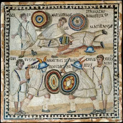Mozaïek die het gevecht tussen twee equites genaamd Simmachius en Maternus toont, Romeins, 3e eeuw na Christus