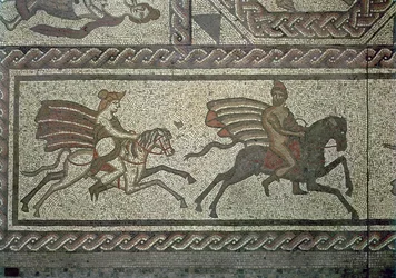 Mozaïekvloer van de Romeinse villa in Low Ham, illustratie van het verhaal van Dido en Aeneas uit Virgils Aeneis, ca. 350 AD (detail)