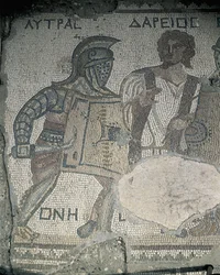 Schilderij van twee gladiatoren op een mozaïekmuur, Kourion, Limassol, Cyprus