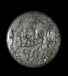Patere de Parabiago, zilveren rituele schaal die de triomf van Attis en Cybele op een door leeuwen getrokken wagen uitbeeldt, 4e eeuw. Zilver: Diameter: 40 cm. Archeologisch Museum van Milaan