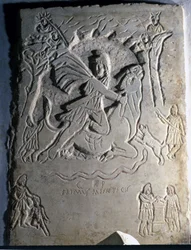 Reliëf dat de Iraanse godheid Mithra (of Mitra) toont die de stier slacht, een dier dat ermee geassocieerd wordt. 4e eeuw. Palazzo dei Conservatori, Rome.