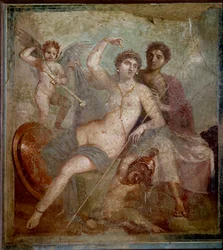 Voorstelling van Ares en Aphrodite, vergezeld door liefdes die spelen met de wapens van de god. Fresco uit de Villa van Mars en Venus in Pompeii. 1e eeuw n.Chr. Archeologisch Museum van Napels