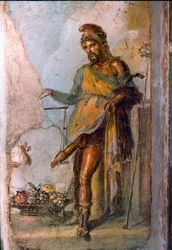 Voorstelling van de Griekse god Priapus, god van de vruchtbaarheid, met enorme penis constant in erectie. Detail van een Pompeiaanse fresco. Casa dei Vettii. 1e eeuw na Christus.