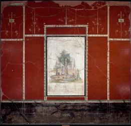 Romeinse kunst: ‘Bucolisch en sacraal landschap’. Fresco toegeschreven aan de Meester van Amando. Uit de villa van Agrippa Postumus in Boscotrecase. 1e eeuw. Afmetingen: 153x98 cm. Napels, Museo Archeologico Nazionale