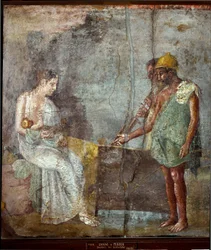 Romeinse kunst: ‘Danaë en haar zoon Perseus worden door vissers gevonden op het strand van Serifos’ - Fresco uit Pompeï, derde stijl, afmetingen: 67 x 63 cm - Nationaal Archeologisch Museum, Napels