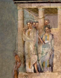 Romeinse kunst: „Iphigenia in Tauris”. Fresco toegeschreven aan de Meester van Lucrezio Frontone. 1e eeuw. Uit Pompeï. Afmetingen: 118 x 81 cm. Napels, Museo Archeologico Nazionale.