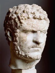 Romeinse kunst: Marmeren hoofd van Caracalla (188-217), keizer van 211 tot 217 n.Chr., 211-217 n.Chr., Dim. 28 cm - Rome, Palazzo dei Conservatori, Italië