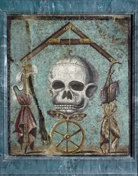 Romeinse kunst: Memento mori, symbolen van Leven en Dood. Mozaïek uit Pompeii. 2e stijl. Museo Archeologico Nazionale, Napels