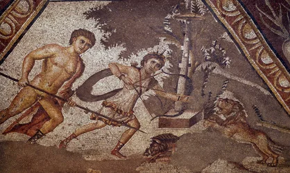 Romeinse kunst: Mozaïek van de seizoenen uit de binnenplaats van de Constantijnse villa van Daphne die twee jagers voorstelt. Detail. Uit de Faubourg van Antiochië aan de Orontes (het huidige Antakya in Syrië). 325-330 na Christus. Parijs, Musee du Louvre