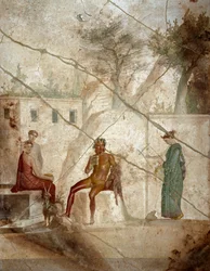 Romeinse kunst: ‘Muziek makende Pan met nimfen’. Fresco toegeschreven aan Meester Chiaro. 1e eeuw. Uit Pompeï. Napels, Museo Archeologico Nazionale