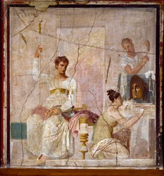 Romeinse kunst: ‘Hulde aan een tragische dichter’. Romeins fresco van de archeologische vindplaats Herculaneum (Ercolano). 1e eeuw n.Chr. Napels, Museo Archeologico Nazionale