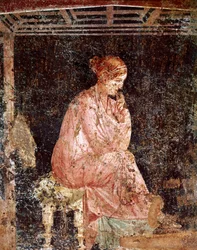 Romeinse kunst: „Zittende jonge vrouw“. Romeins fresco in de derde Pompejaanse stijl uit Pompeii, 40-60 na Chr.